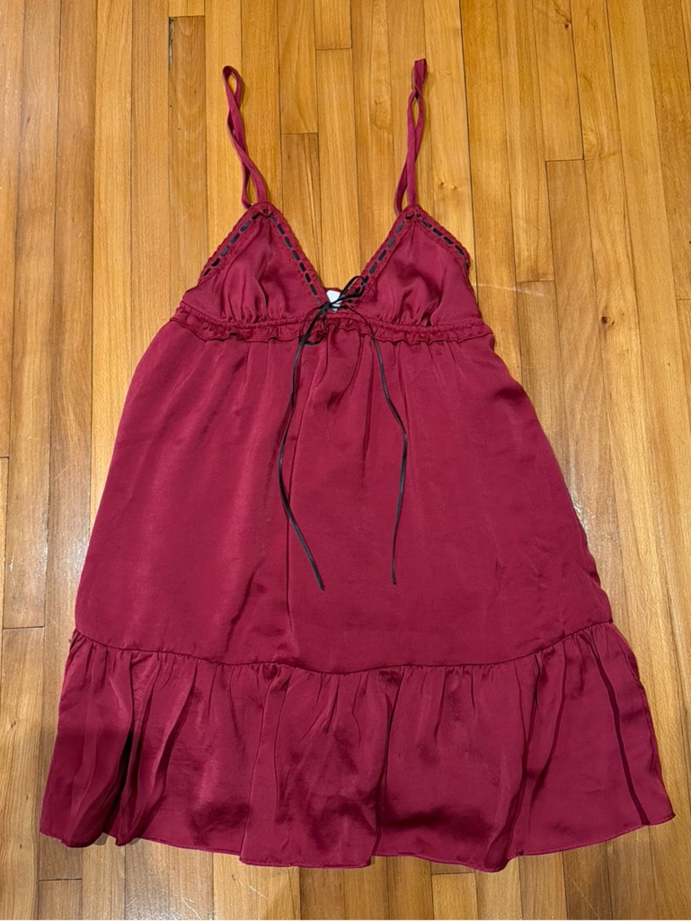 Silky Burgundy Spaghetti-Strap Mini Dress